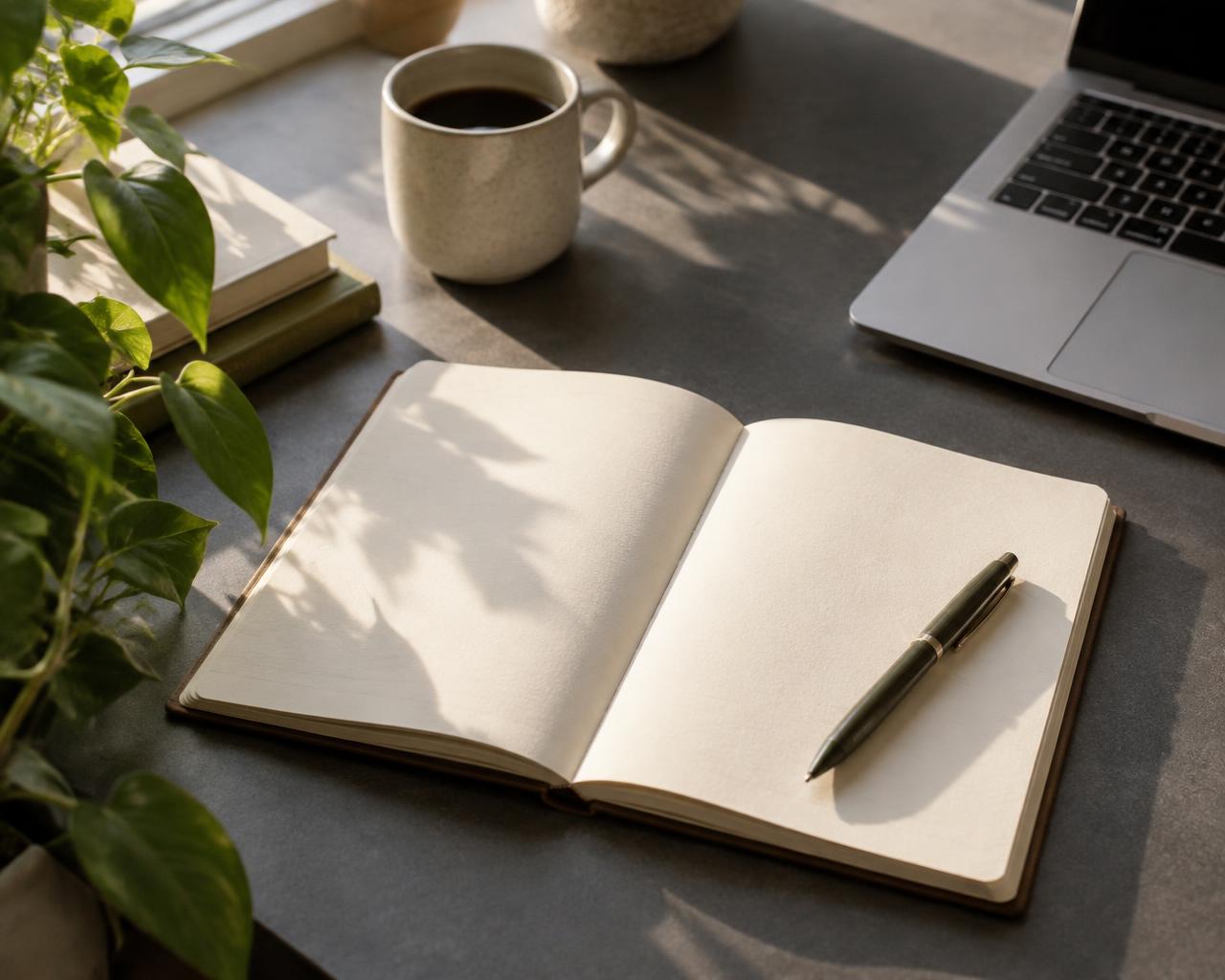 Sunlight across an open notebook beside a laptop
